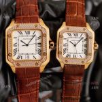 Replica Cartier Santos Yellow Gold White Dial Watch With Diamonds For Men And Women